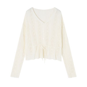 XIANGYING | Hollow-out V-neck Lace-up Drop-shoulder White Womens Cardigan