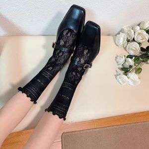 ถุงเท้าข้อสั้นลายลูกไม้สไตล์โบว์เทียบเท่า Miu Spring Summer Lace Trim Mid-Calf Thin Lolita JK Over-The-Knee Short Socks Women White