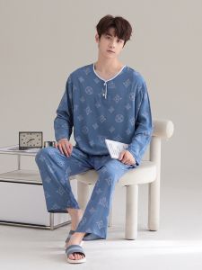 Summer Teenagers Poppin Pajamas Suit Cotton Silk Air Conditioning Room Homewear Thin Youth Middle School Students Long Sleeve Pants Men