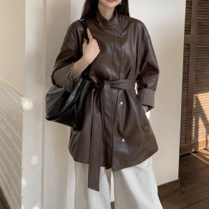 XUECAIQI | Stand Collar Slim Leather Jacket