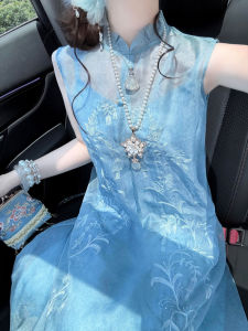 DANTING | Chinese Style Blue Jacquard Elegant Anti-Aging Heavy Embroidery Dress