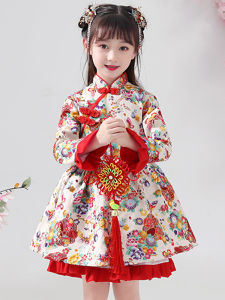 Thickened Cotton Childrens Cheongsam Winter Clothes Floral Print New Year Visiting Dresses Girls Traditional Chinese Dresses