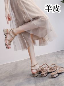 Low-Top Roman Sandals Womens Summer Versatile Buckle Flat Heel Matching Skirts Nail Head Embellished Flat Heel Commuter Style