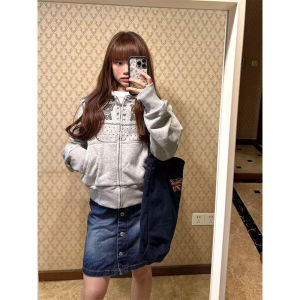 Retro Korean Zipper Hoodie Womens Spring Autumn Open Cardigan Loose Bear Heart Design Casual Outerwear Trendy Streetwear