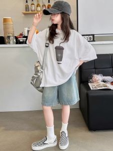 LIREGONGZHU | Summer Trendy Children Denim Short Pants Set Thin Style Top and Capri Two Piece Suit