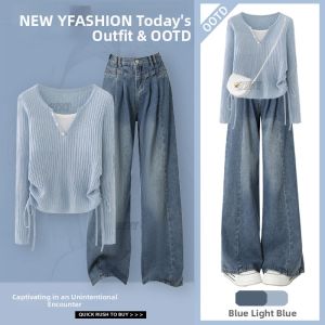 YNY | Layered Drawstring V-Neck Shirt High Waist Slimming Jeans Set