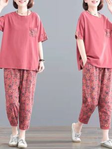 Summer New plus Size Casual Sportswear Set Loose Short Sleeve Womens Two-Piece Fashionable Mom Clothes Polyester Fiber round Neck