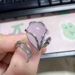 Huitan Leaf Design Opening Ring for Women Party Wedding Gentle Jewelry with Pink Pear Imitation Moonstone Trendy Accessories