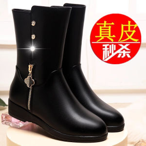 Giày Bốt Da Thật Mùa Đông Chống Trượt Đế Bằng Cao Đến Giữa Bắp Chân Cho Phụ Nữ Trung Niên Và Người Cao Tuổi