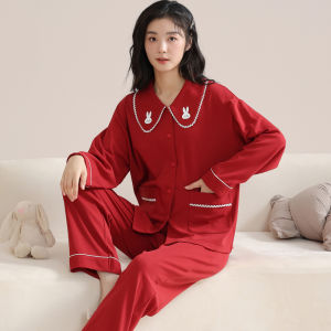 MiiOW | Couple Sleepwear Cotton Pajamas Long Sleeve Home Clothes Set For Newlyweds Autumn Collection Red Color Mens Comfortable Suit