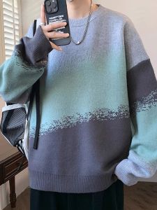 ROMON | Romon Mens Gradient Color Round Neck Sweater Winter New Loose Versatile Thick Knitted Shirt Trendy Mens Clothing Knitwear
