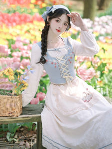 Mid-Waist Cotton Linen Dress with Embroidery and Ruffles Tea Break Skirt Style Pastoral Shade for Women 18-29 Years Old