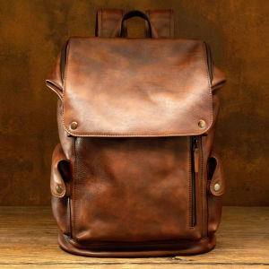 Retro Genuine Leather Backpack Top Layer Tanned Cowhide Double Shoulder Computer Bag Casual Travel Bag Men Women Hiking Bag