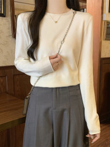 Loose Knitted Korean Style Womens T-Shirt round Neck Casual Slimming Base Layer Shirt with Cuffed Sleeves for Autumn