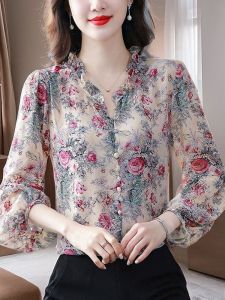 เสื้อเชิ้ตผ้าชีฟองพิมพ์ลายฤดูใบไม้ผลิและฤดูใบไม้ร่วงสำหรับผู้หญิง เสื้อเชิ้ตแขนยาวสไตล์ฝรั่งเศสระดับไฮเอนด์ เสื้อยืดคอวี