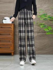 High Waist Plaid Woolen Wide Leg Pants Womens Thickened Drawstring Fleece Straight Casual Trousers Autumn Winter New Style
