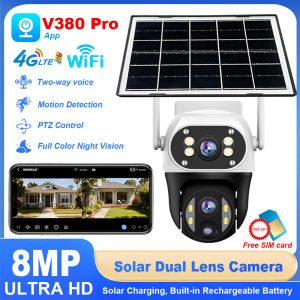 V380 8MP Solar Security Camera Outdoor WiFi Wireless Dual Lens IP Camera Night Vision Motion Tracking 4G CCTV Waterproof PTZ