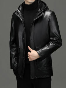 Mens Winter Genuine Leather down Jacket Removable Inner Wool Sheepskin Long Coat Business Casual Style Zipper Decoration