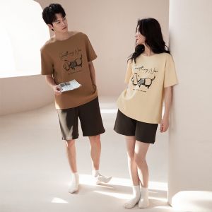 Miiow | Couples Sleepwear Short Sleeve Hooded Casual Cotton Pajamas Mens Loose Fit Home Clothes Summer Outfit Two-Piece Set Pure Color