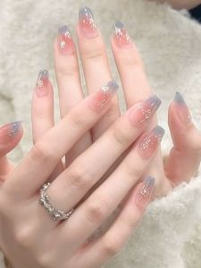 Handmade Gradient Milk Blue Blush White Enhancing Nail Art Stickers Simple Design Luxury Wearable False Nails Mirror Powder Blue