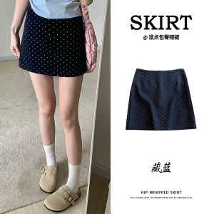 กระโปรงสั้นลายจุดสีน้ำเงินเข้ม กระโปรงทรงเอเอวสูง กระโปรงทรงเอป้องกันแสง กระโปรงทรงเอสำหรับผู้หญิง ฤดูใบไม้ร่วง 2025 กระโปรงทรงเอ