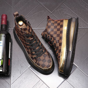 European Station Trendy Fashionable Man High-Top Shoes Thick Bottom Inner Height Increasing Casual Shoes British Style Plaid Mid-Cut Ankle Boots Mens Shoes