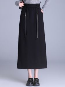 Black Slimming Long Skirt Womens Spring 2025 New Elastic Waist Split One Step Skirt Midi Casual Skirt Korean Style Commute
