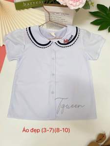 Áo sơ mi trắng cổ sen tay phồng viền họa tiết nữ học sinh đồng phục học sinh bé gái cấp 1 tiểu học