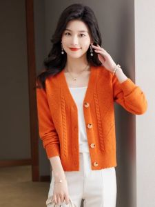 Spring Autumn Short V-neck Pure Color Cashmere Open Cardigan Women Knitted Sweater Outer Long Sleeve Loose Versatile Jacket
