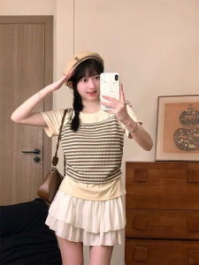 Striped Strap Vest Fake Two-Piece Short Sleeve Womens Milk Apricot Color Layering Shoulder-Length T-Shirt Waist-Cinching Short Style