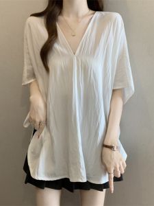 Áo Dáng Rộng Che Bụng Cổ V Tay Loè