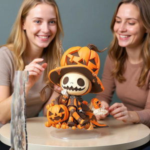 Halloween Pumpkin Skeleton Man 2D Flat Acrylic Figurine Home Office Cafe Room Studio Display Case Table Ornament Desktop Decor