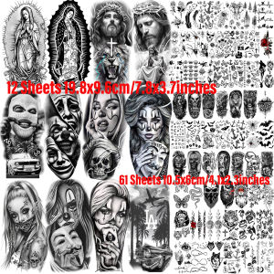73 Sheets Halloween Chicano Temporary Tattoos Mexico Guadalupe Fake Tattoo Sticker Religion Chicana Robber Joker Tatoos Jesus