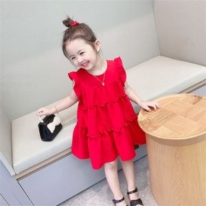 Red Princess Dress for Girls Summer New Style Fairy Sleeve Cake Skirt Childrens Dress Trendy Baby Girls Clothing Cotton Material