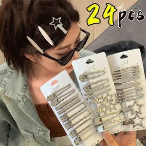 24PCS Silver Metal Hairpins Y2K Women Geometric Hairclip Star Multiple Styling Duckbill Clip Side Bangs Barrettes Girls Hair Accessory