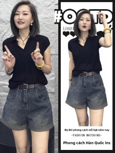 Shalldoer | Bộ đồ hai mảnh mùa hè cho nữ cổ hạc tay ngắn màu đen phong cách Hong Kong quần short denim quần áo công sở thời trang