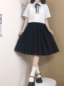 กระโปรงสั้นสีพื้นสไตล์นักเรียน JK สีดำ เอวสูง ทรงเอ ผ้าโพลีเอสเตอร์ กระโปรงทรงจีบพื้นฐานสำหรับผู้หญิง