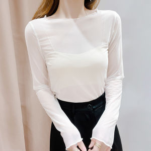 Ultra-Thin Long-Sleeve Lace Base Shirt Womens Spring Fashion Transparent Net Shirt Skin Shirt Permeability Spring Clothes