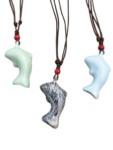 K050 National Style Ceramic Whistle Colorful Dolphin Necklace Pendant for Women Handmade Knitted Sweater Chain Freshly Baked Accessory