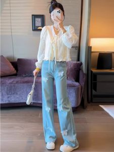 New Chinese Style Embroidered Lace Buttoned Shirt And Wide Leg Jeans Womens Early Spring Fashion Set Two Piece Suit