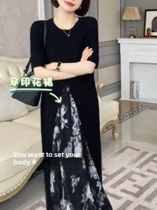 Elegance Slim Fit Slimming Pure Color Split Long Short-Sleeved T-shirt Summer Easiest for Match Tops Ice Silk Asymmetrical Knitwear