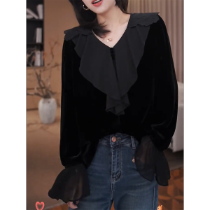 QINGNAER | Elegant French Lace Ruffled V-neck Velvet Shirt Slim Fit Large Size