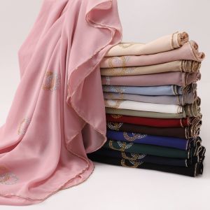 Jifang แผ่นรองฟองผ้าคลุมไหล่ผ้าชีฟองลายไวรัสทองล้างได้มีโซ่ลูกปัดทองแดงพลอยเทียมวงกลมรอบสองชั้น WC85ฮิญาบมุสลิม