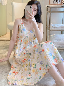 ชุดนอนผ้าไหมคอตตอนบางฤดูร้อน ชุดนอนผู้หญิง ชุดนอนผ้าฝ้าย ชุดนอนผ้าฝ้ายเทียม กระโปรงยาวปานกลาง แขนกุด คอวี ลายดอกไม้