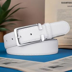 Mens White/Blue Golf Belt Square Buckle Embossed Casual Belt