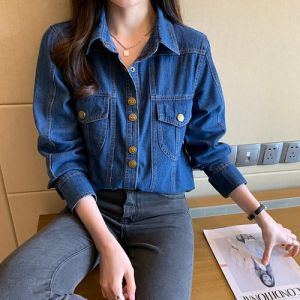 Blue Denim Shirt Womens Design Sensation Niche Spring Autumn French Vintage Layering Long Coat Polo Collar Single Button Closure