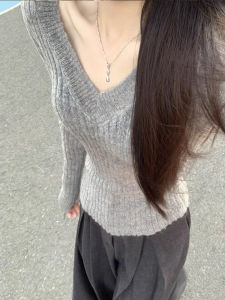 LUOFEN | V-Neck Knit Sweater for Women Autumn Winter Gray Inner Layer