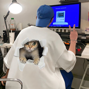 Heavyweight Cat Print Short Sleeve Loose Fit round Neck T-Shirt Youth Fashion American Style White Five-Quarter Length Summer Top