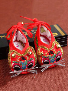 Handmade Baby Shoes Tiger Head Design Soft Bottom Walking Shoes for Boys Celebratory Red Shoes Ethnic Style Floral Patterns
