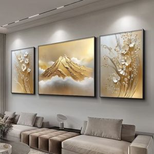 XIANGTUYIN | Luxury Living Room Sofa Background Wall Decoration Gold Triple Panel Mountain Landscape Painting